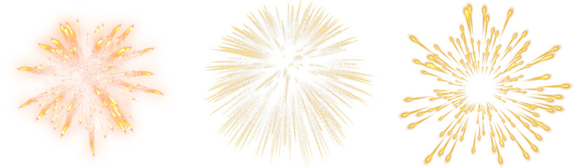 Festive fireworks Set on a transparent background. New Year's Eve Golden fireworks holiday designs, firecrackers, sparklers, festive, isolated on transparent background