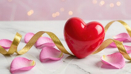 Red heart ornament featuring pink rose petals upon marble surface, wrapped within shimmering gold ribbon, soft bokeh lights in pastel background, romantic studio lighting and mood