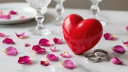 Red heart and wedding bands upon romantic table featuring scattered pink rose petals, crystal glasses and soft daylight, closeup still life creating elegant, intimate celebration mood