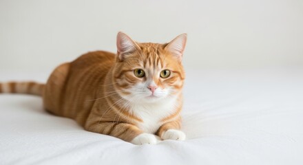 A ginger cat lying on a white bedspread.