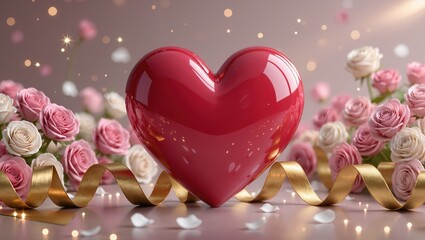 Shiny red heart centerpiece featuring pastel roses and golden ribbon upon the soft pink background, warm studio lighting, shallow focus, romantic dreamy mood with gentle bokeh