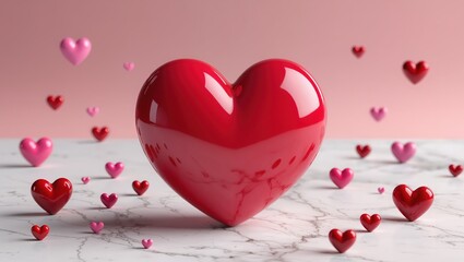 Glossy red heart surrounded by floating hearts upon marble surface, soft pink studio background, gentle front lighting, romantic mood and minimal composition for love themes