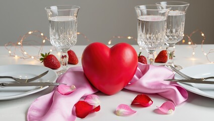Romantic dinner table featuring red heart centrepiece, pink satin cloth, rose petals and strawberries, soft fairy lights within background, warm indoor lighting, intimate front view