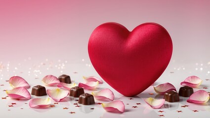 Red heart featuring chocolates upon soft romantic pink background, surrounded by scattered rose petals and glittering bokeh lights, creating the dreamy celebration mood within studio lighting