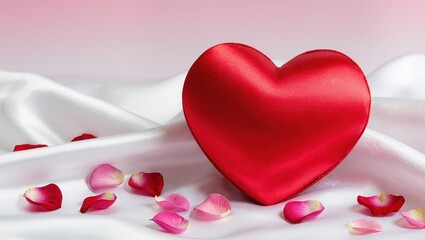 Red satin heart resting upon white silk featuring rose petals scattered around, shot within soft studio light against the pink gradient background, creating a romantic and elegant mood