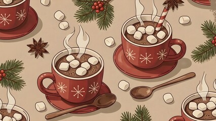 Cozy winter hot cocoa with marshmallows, festive holiday pattern, warm and inviting illustration.
