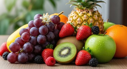 A colorful assortment of fruits including grapes, strawberries, kiwi, and apples, arranged on a wooden table with a blurred green background.
