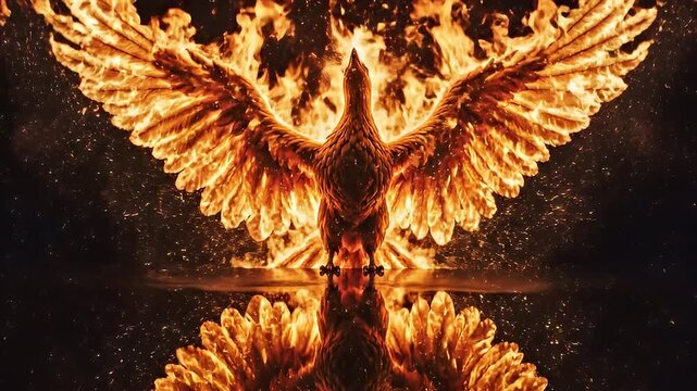 Dynamic fiery phoenix rising in dramatic flame choreography.