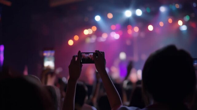 Audience capturing live performance with smartphones in vibrant concert lighting