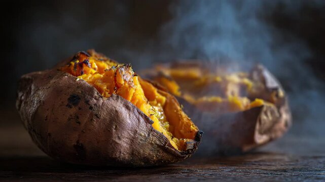 Roasted sweet potato is split open to reveal its golden.