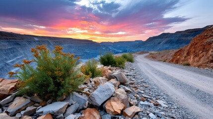 Open pit mine panorama during a vibrant sunset