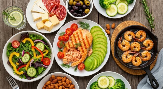 A colorful meal spread on a rustic wooden table, featuring a variety of fresh vegetables, grilled salmon, and shrimp in a cast-iron skillet.