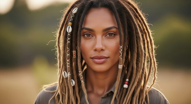 A woman with dreadlocks and cowrie shells in her hair, standing outdoors with a blurred background.