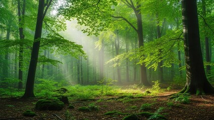 Fototapeta premium Lush Green Forest Scene with Sunlight Streaming Through Trees.
