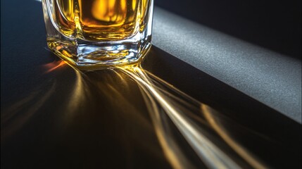 schnapps. Golden schnapps liquid in a crystal glass, light refraction on a dark surface, minimalist style. bar promotions, beverage menus, designed for product packaging and bar promotions.