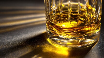 schnapps. Golden schnapps liquid in a crystal glass, light refraction on a dark surface, minimalist style. bar promotions, beverage menus, designed for product packaging and bar promotions.