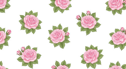 A simple and elegant seamless pattern with beautiful pink roses and green leaves scattered on a clean and bright white background.jpg