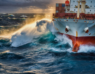 Container ship sailing through rough seas, waves crashing against the hull.