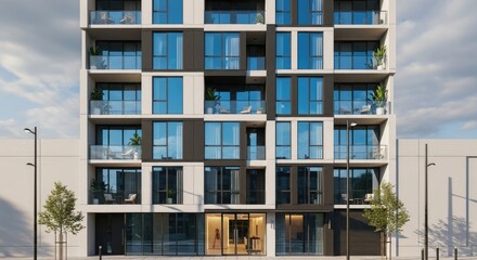 A modern apartment building with glass windows and balconies, set against a cloudy sky.