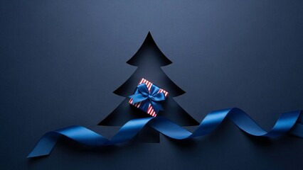 Festive Christmas Tree Cutout with Gift Box and Blue Ribbon on Dark Background