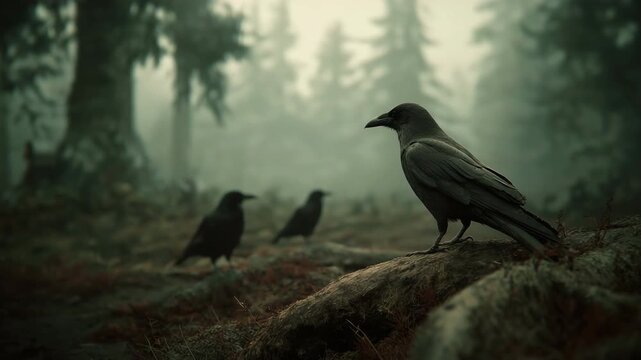 Mysterious ravens in foggy forest.