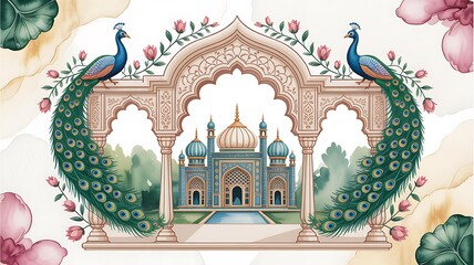 Traditional Mughal garden scene in Pichwai style featuring peacock and arches, designed for wallpaper