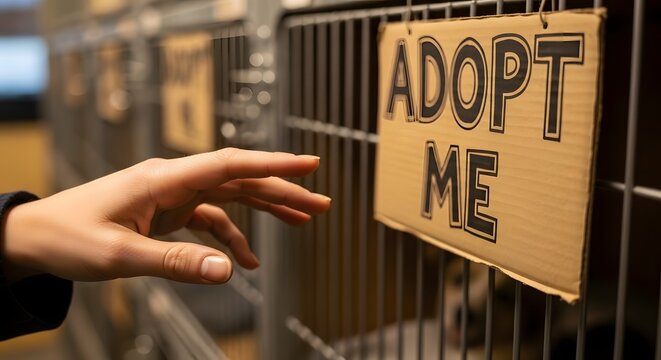 Person Reaching for Sign with Adopt Me Message in Animal Shelter