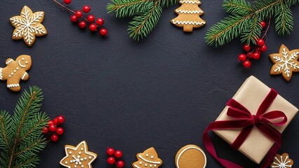 Festive Christmas flat lay with gingerbread cookies, pine branches, berries and gift box