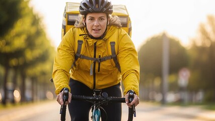 Bicycle courier delivering food outdoors on sunny day with light breeze  