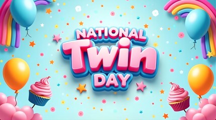 Colorful twin-themed celebration banner with balloons, cupcakes, rainbows and festive sky