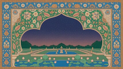 Traditional Mughal garden scene in Pichwai style featuring peacock and arches, designed for wallpaper