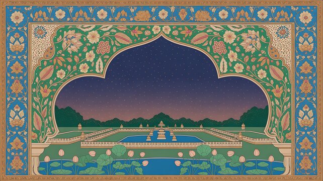 Traditional Mughal garden scene in Pichwai style featuring peacock and arches, designed for wallpaper - Powered by Adobe