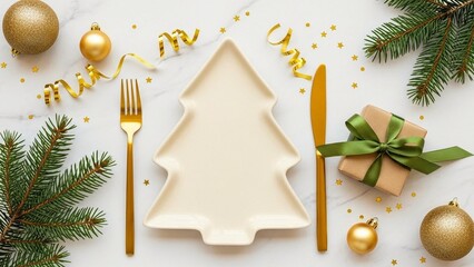 Christmas Table Setting with Tree Plate, Gold Cutlery, Gifts, and Ornaments