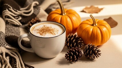 Cozy Autumn Scene: Warm Coffee, Pumpkins, Pinecones, and Blanket by Window Light