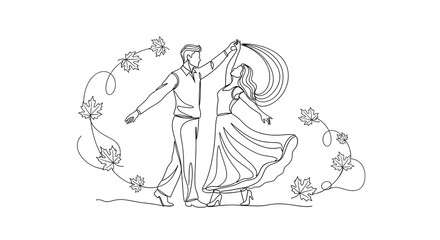 Obraz premium Elegant Dancing Couple Illustration Surrounded by Autumn Leaves in Line Art Style