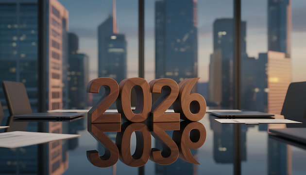 Wooden 2026 year date reflects on the conference table, business future vision - Powered by Adobe