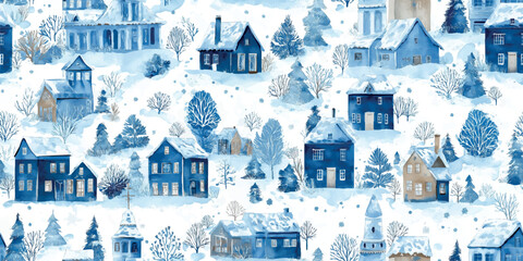 A charming watercolor seamless pattern of a snowy winter village landscape with churches and houses in a deep blue and white monochrome style, great for holiday textiles and scenic wallpapers.