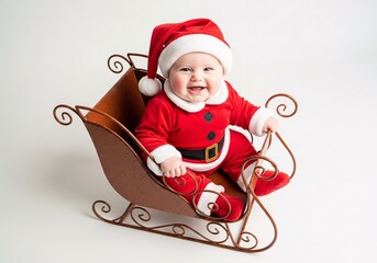 Cute baby dressed as santa claus sitting in a sleigh, isolated on white background