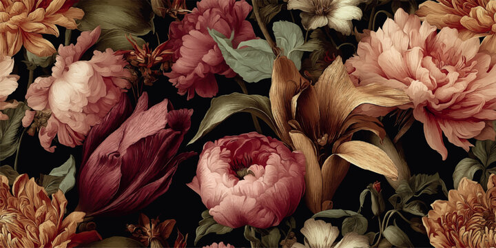 A luxurious and opulent seamless pattern featuring vintage-style, richly colored peonies and lilies on a dark background, perfect for high-end fabrics, luxury packaging, and sophisticated wallpapers.