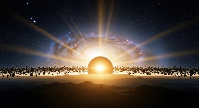 A cosmic scene with a glowing planet, stars, and a galaxy in the background. - Powered by Adobe