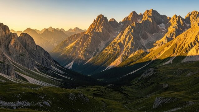 Majestic mountain range illuminated by the golden sunrise, scenic landscape.