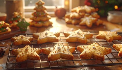 christmas cookies baked warm kitchen star tree sugar treat aroma cozy holiday sweet dessert closeup festive home baking cooling rack golden texture winter celebration homemade