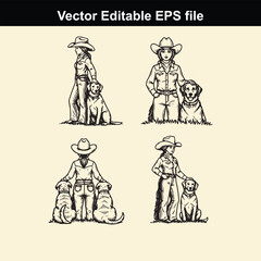 collection of four black and white vector illustrations depicting cowboys and cowgirls standing with their loyal dog companions in various poses, perfect for western themes