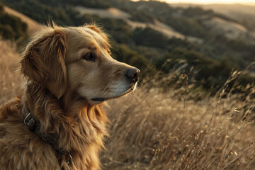 Golden retriever dog looking into distance on natural hillside with dry grass and soft sunlight creating peaceful and warm atmosphere in outdoor landscape