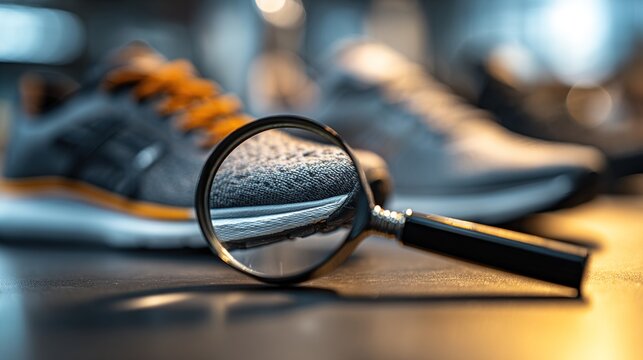 aglet. Magnifying glass focusing on shoe aglet tip with blurred background. lifestyle magazines, social media lookbooks, designed for lifestyle magazines and social media content.