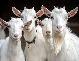 Obraz premium Four curious, white goats posing closely in a portrait, looking friendly