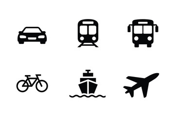 Set of transportation mode icons for travel and logistics apps, minimalist vector silhouette