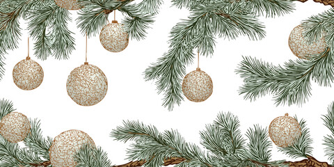 A richly detailed seamless pattern of engraved gold Christmas ornaments hanging from natural pine branches, excellent for luxury packaging, upscale fabrics, and traditional decor.