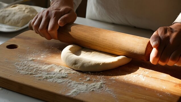 Hands flattening dough with a rolling pin.