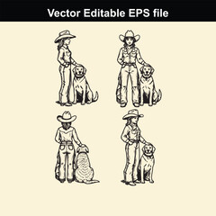 collection of four vector illustrations depicting cowboys and cowgirls standing next to their loyal dogs, presented in a sketch or engraving style